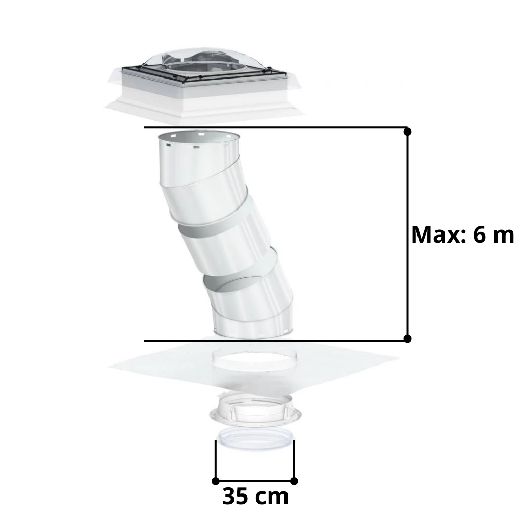 Technické parametry světlovodu: maximální délka 6 m a průměr 35 cm. Důležité údaje pro výběr správného světlovodu.